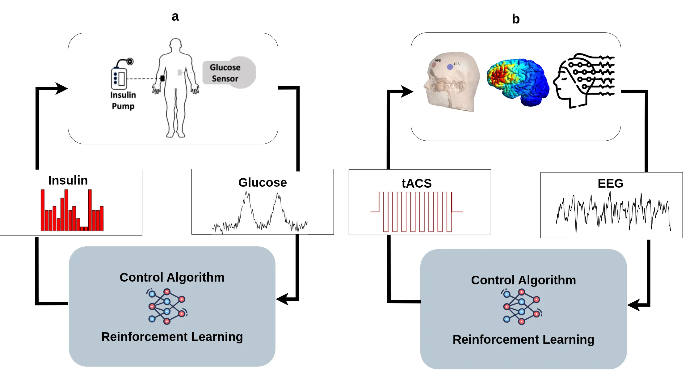 Two closed-loop research systems: glucose measurements guide a reinforcement-learning algorithm that selects insulin doses, while EEG observations guide an algorithm that selects transcranial alternating-current stimulation.